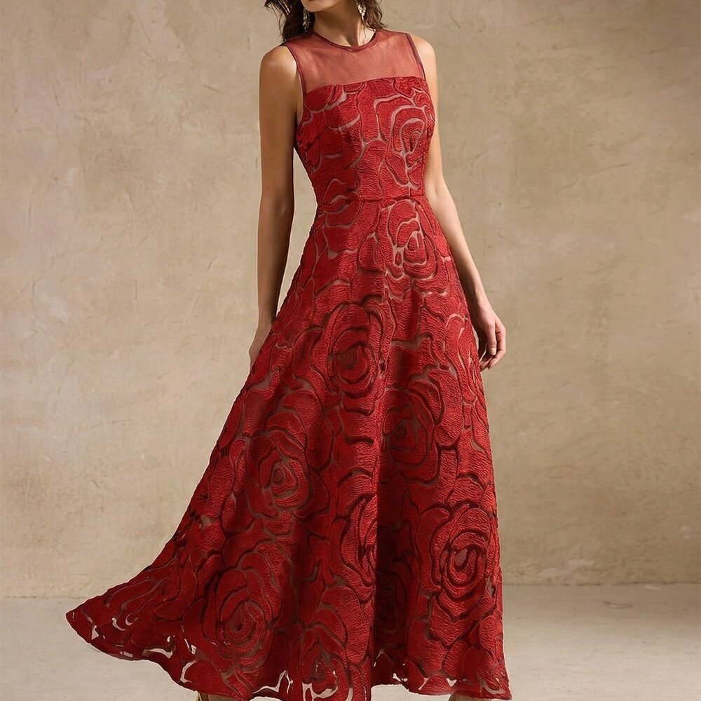 Burgundy Elegant Women's Lace Sleeveless Cut-Flower Embroidered Tulle Dress